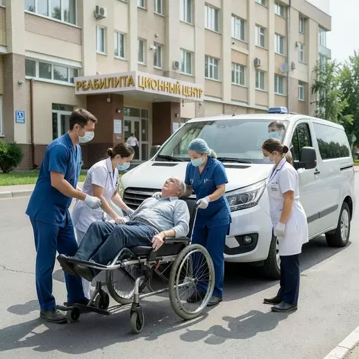 бригада врачей перевозит мужчину в реабилитационный центр